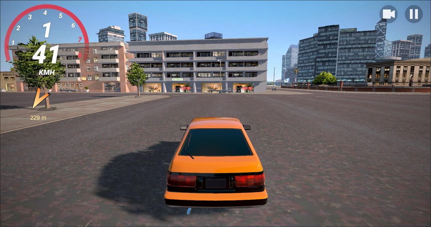 The AE86 crossing an open plaza in Ocean City with the nearest-car compass on screen