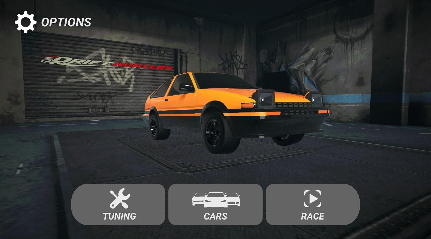 The AE86 in the Drift Hunters garage, resprayed in bright orange