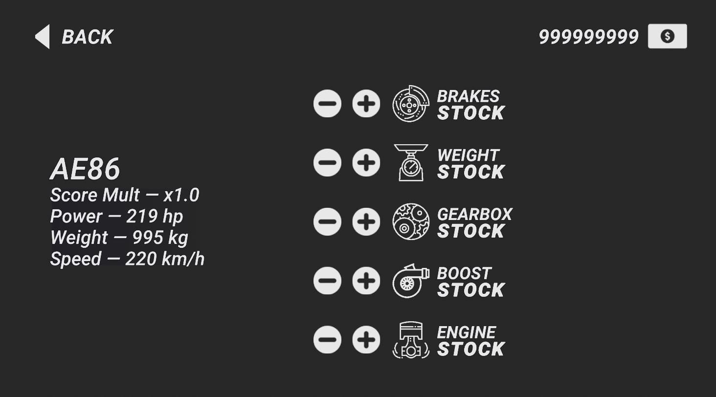 The upgrade screen showing brakes, weight, gearbox, boost and engine at stock